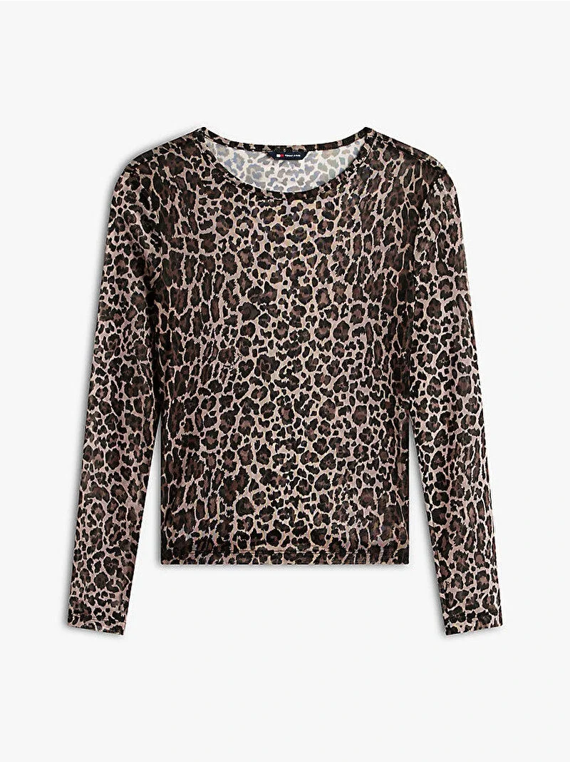 Tommy Hilfiger TJW Dar Kesim Tamamı Baskılı File Uzun Kollu Kadın Kahverengi T-shirt DW0DW215580HD