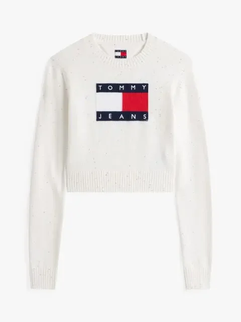 Tommy Hilfiger TJW Işıltılı Bayrak Desenli Kadın Beyaz Kazak DW0DW21690YBH