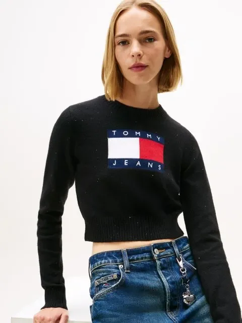 Tommy Hilfiger TJW Işıltılı Bayrak Desenli Kadın Siyah Kazak DW0DW21690BDS