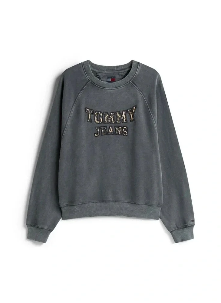 Tommy Hilfiger TJW Kutu Kesim Leopar Desenli Kolej Stili Bisiklet Yaka Kadın Siyah Kazak DW0DW21959BDS