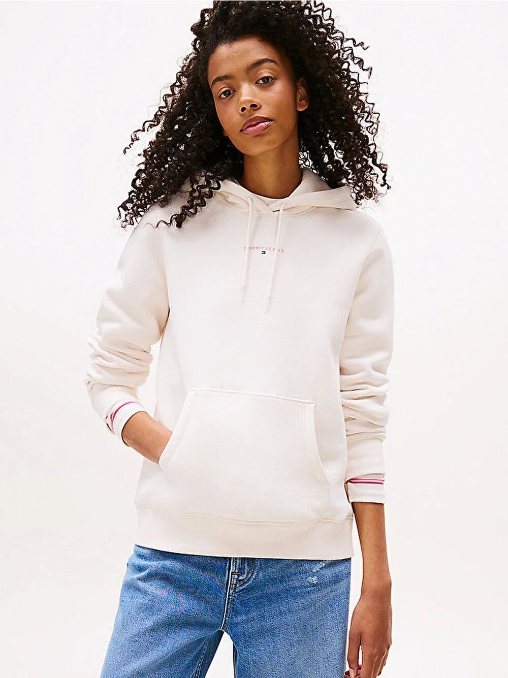 Tommy Hilfiger TJW Normal Kesim Linear Kapüşonlu Kadın Beyaz Kazak DW0DW21963YBH