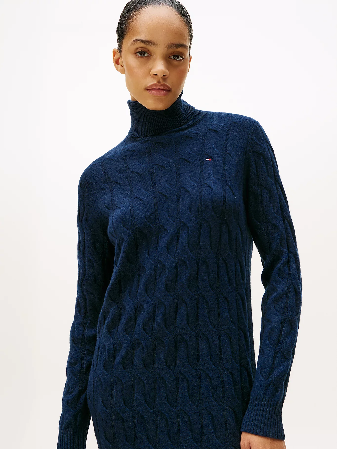 Tommy Hilfiger Yumuşak Yün Saç Örgülü Balıkçı Yaka Uzun Kollu Kadın Mavi Elbise WW0WW46429C1G