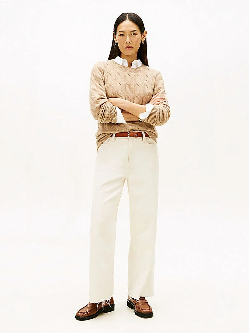 Tommy Hilfiger Yumuşak Yün Saç Örgülü Bisiklet Yaka Uzun Kollu Kadın Bej Kazak WW0WW43586ADM