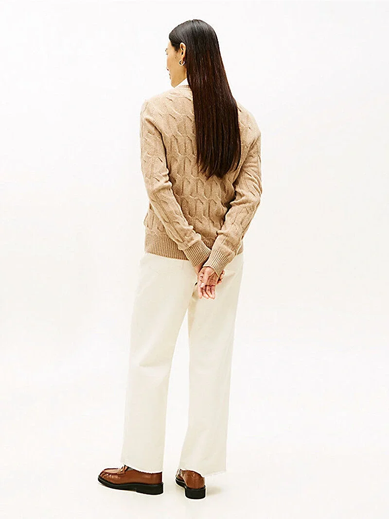 Tommy Hilfiger Yumuşak Yün Saç Örgülü Bisiklet Yaka Uzun Kollu Kadın Bej Kazak WW0WW43586ADM