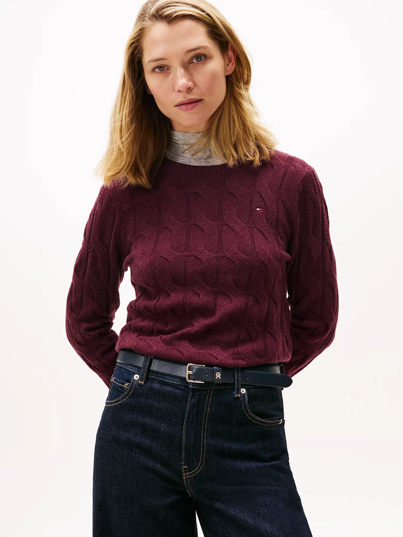 Tommy Hilfiger Yumuşak Yün Saç Örgülü Bisiklet Yaka Uzun Kollu Kadın Kırmızı Kazak WW0WW43586XIH