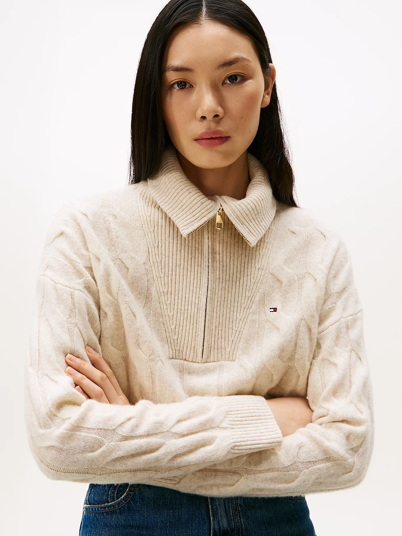 Tommy Hilfiger Yumuşak Yün Saç Örgülü Yarım Fermuarlı Uzun Kollu Kadın Kazak WW0WW46425ADK