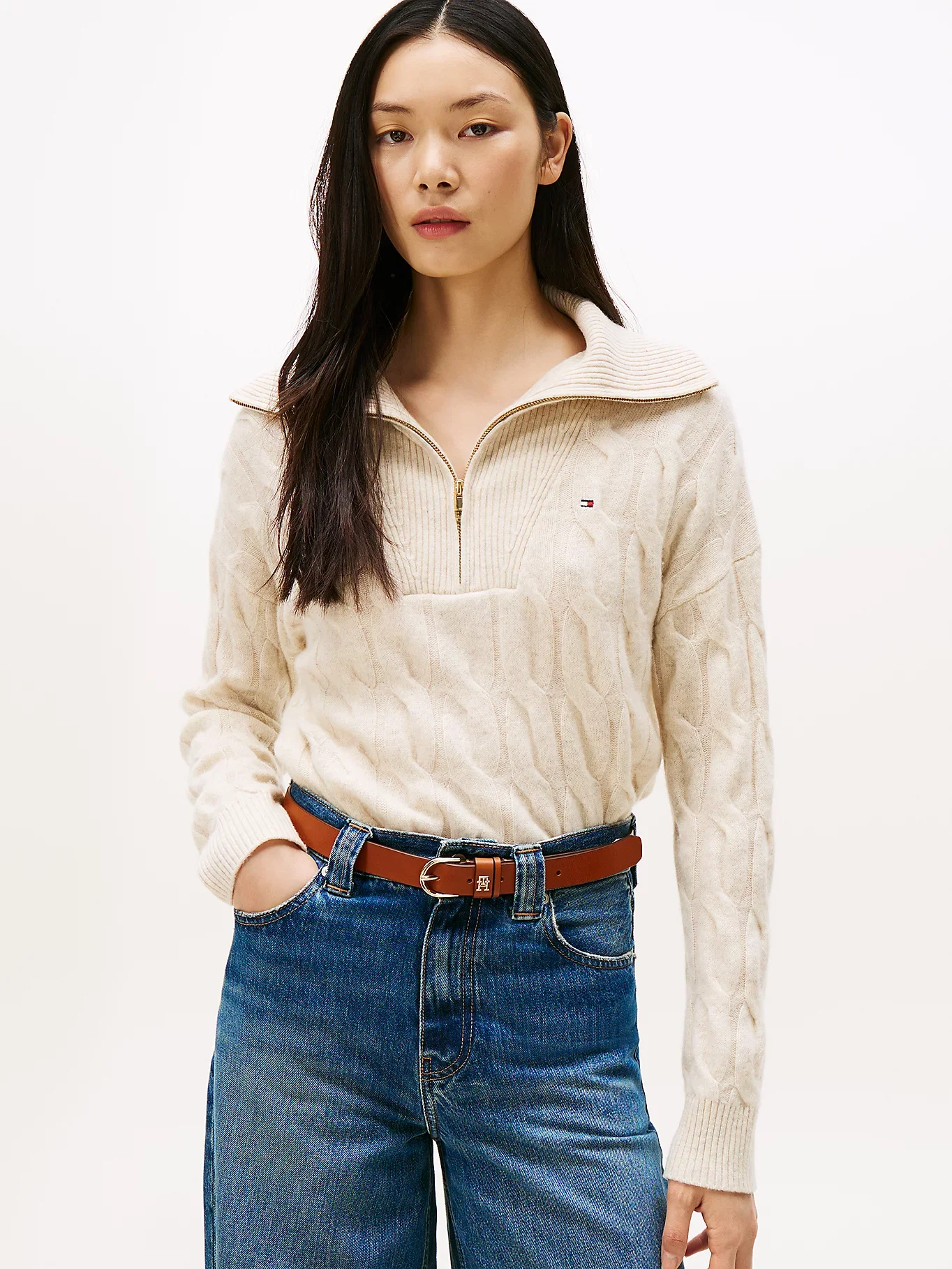 Tommy Hilfiger Yumuşak Yün Saç Örgülü Yarım Fermuarlı Uzun Kollu Kadın Kazak WW0WW46425ADK