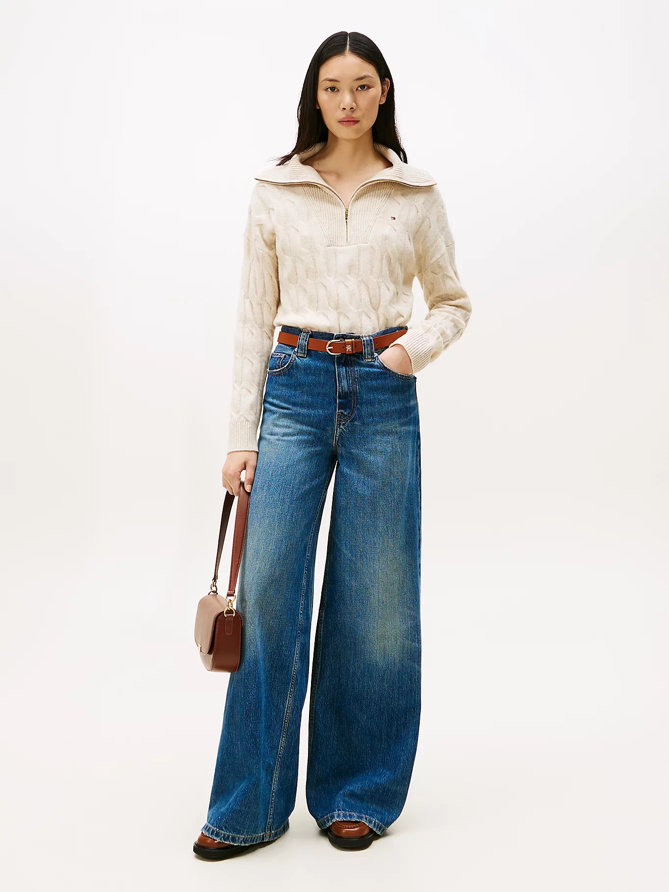 Tommy Hilfiger Yumuşak Yün Saç Örgülü Yarım Fermuarlı Uzun Kollu Kadın Kazak WW0WW46425ADK