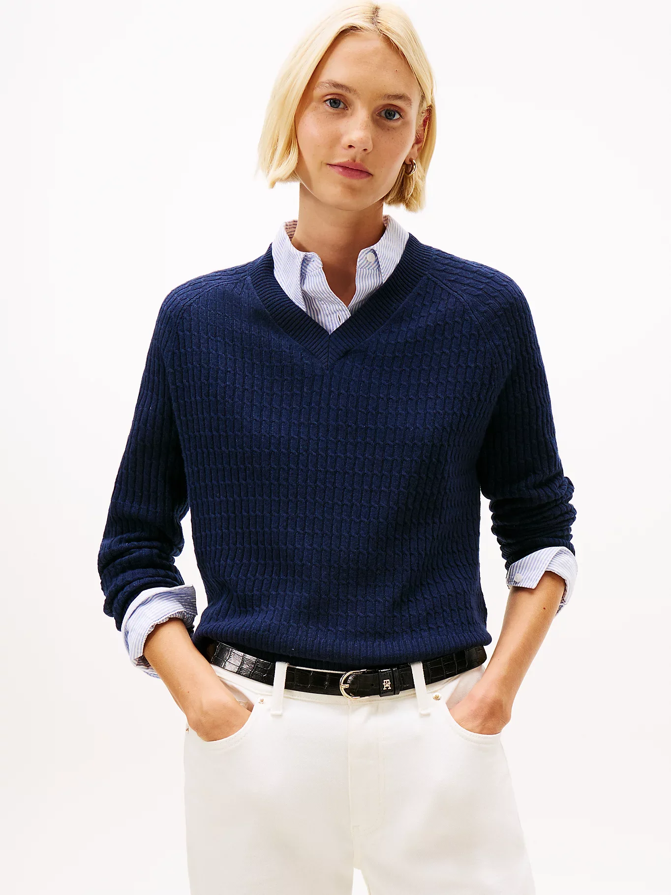 Tommy Hilfiger Yün Kaşmir Karışımlı Saç Örgülü V Yaka Uzun Kollu Kadın Mavi Kazak WW0WW464170Z0