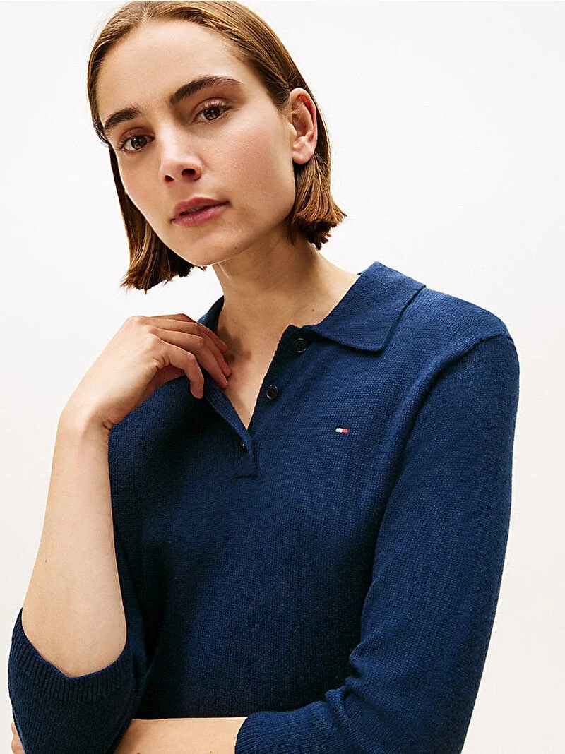 Tommy Hilfiger Yün Kaşmir Karışımlı Saç Örgülü Yarım Balıkçı Yaka Uzun Kollu Kadın Mavi Elbise WW0WW46430C1G