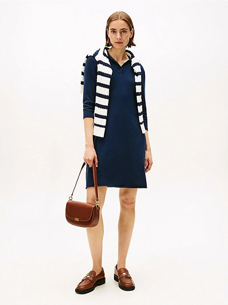 Tommy Hilfiger Yün Kaşmir Karışımlı Saç Örgülü Yarım Balıkçı Yaka Uzun Kollu Kadın Mavi Elbise WW0WW46430C1G