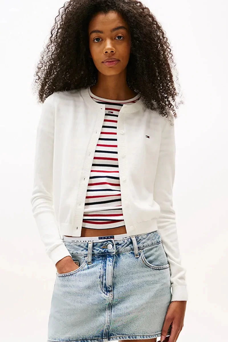 Tommy Jeans Denim Essentials Kadın Beyaz Hırka DW0DW20976YBL