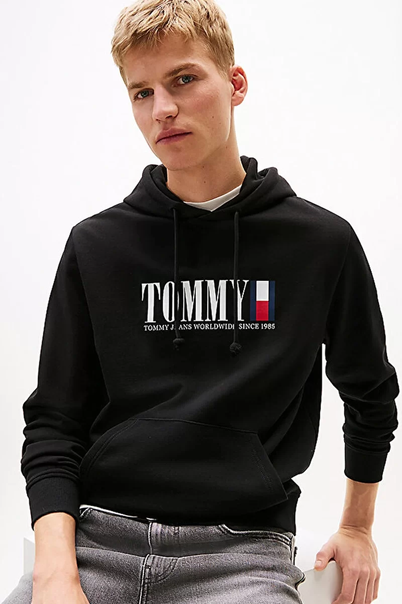 Tommy Jeans Dna Graphics Erkek Siyah Kapüşonlu Sweatshirt DM0DM22144BDS