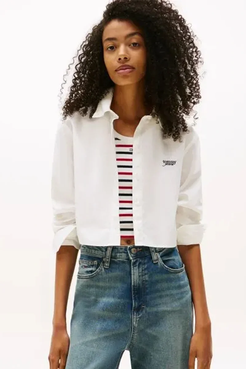 Tommy Hilfiger Kadın Çizgili Kısa Poplin Beyaz Gömlek DW0DW21400YBL