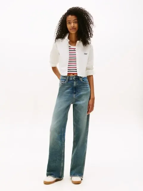 Tommy Jeans Kadın Çizgili Kısa Poplin Beyaz Gömlek DW0DW21400YBL