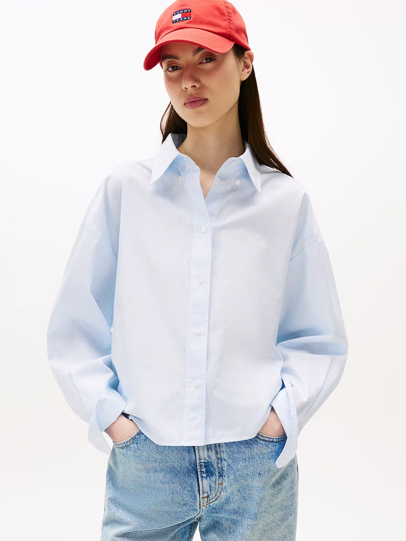 Tommy Jeans Kadın Çizgili Kısa Poplin Mavi Gömlek DW0DW214000BC