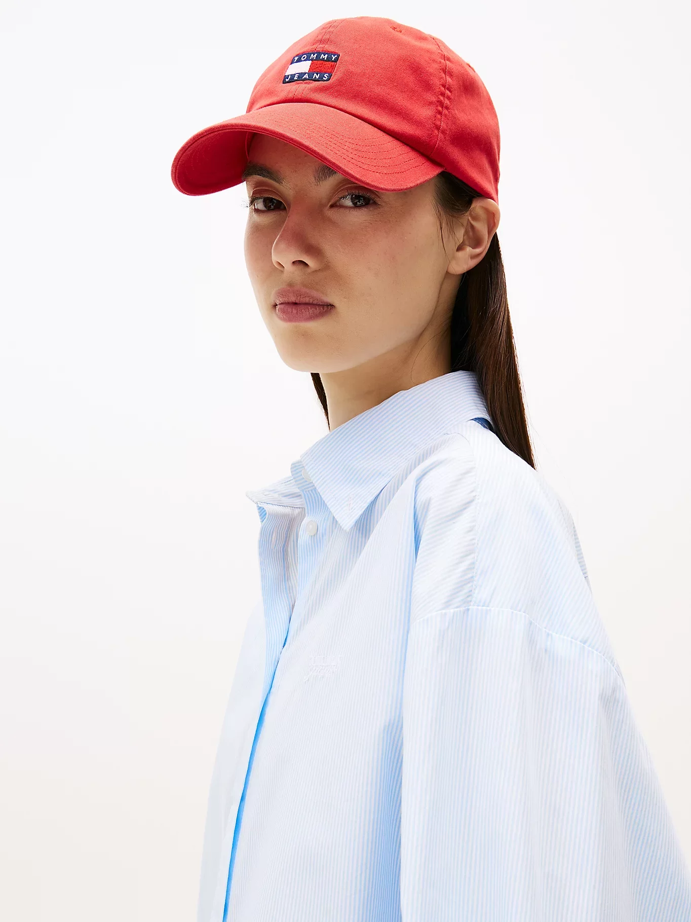 Tommy Jeans Kadın Çizgili Kısa Poplin Mavi Gömlek DW0DW214000BC