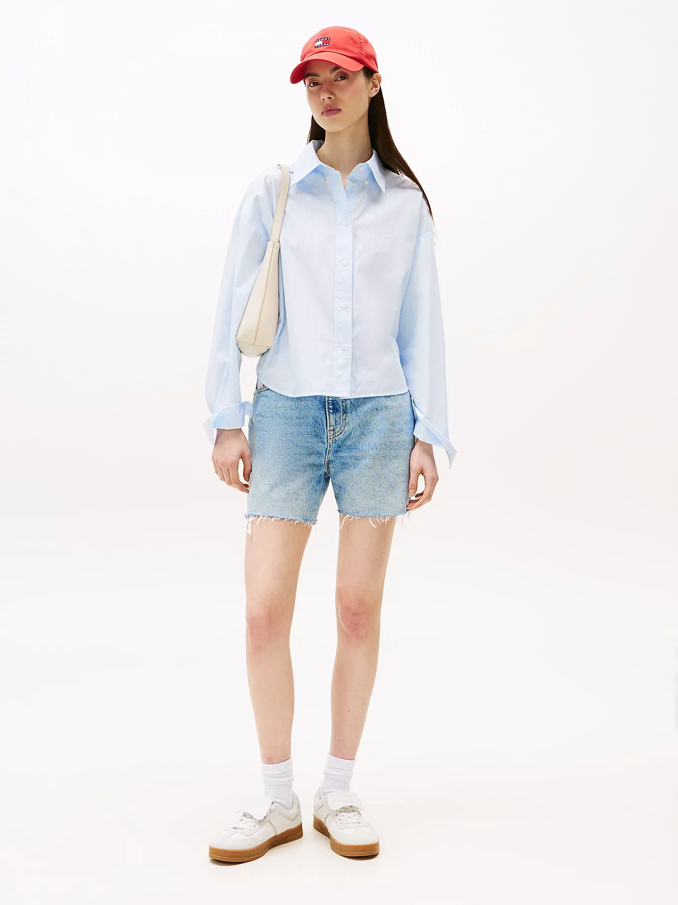 Tommy Jeans Kadın Çizgili Kısa Poplin Mavi Gömlek DW0DW214000BC