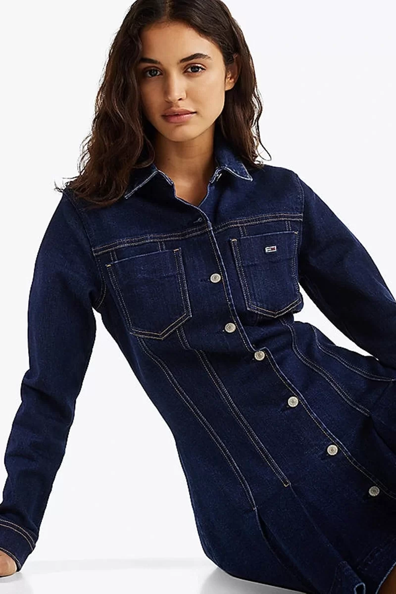 Tommy Hilfiger Kadın Lacivert Pileli Kot Mini Elbise