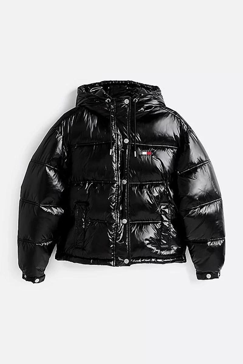 Tommy Hilfiger Kadın Siyah Parlak Kapşonlu Şişme Mont