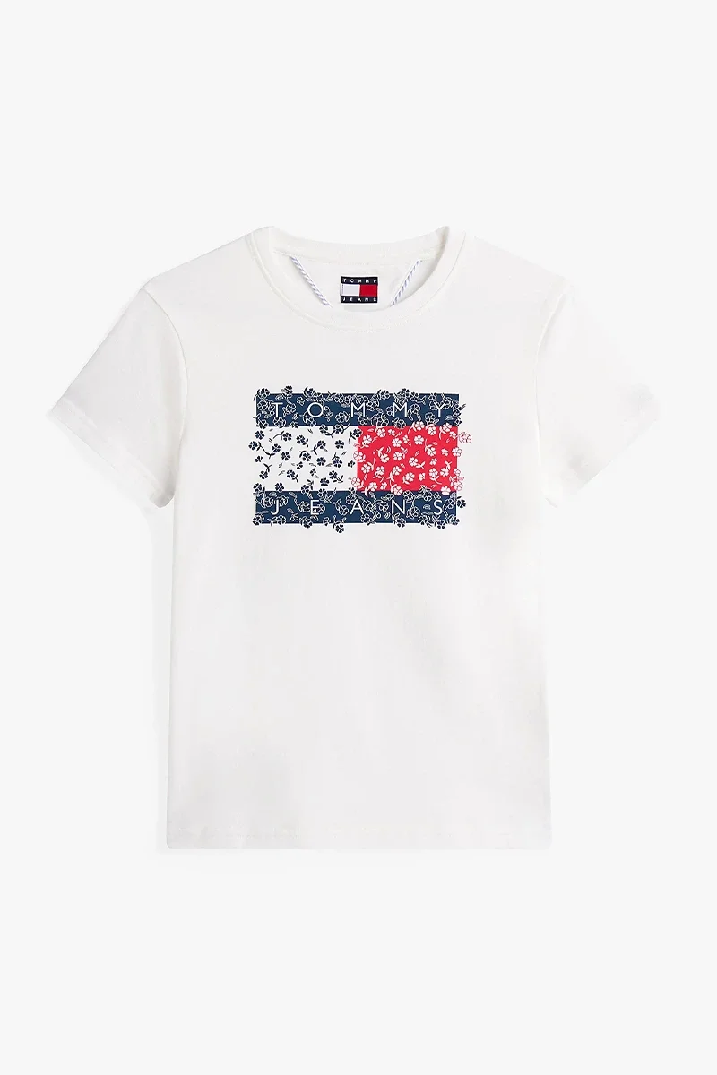 Tommy Jeans Kadın Çiçekli Bayrak Desenli Beyaz T-shirt DW0DW20897YBL