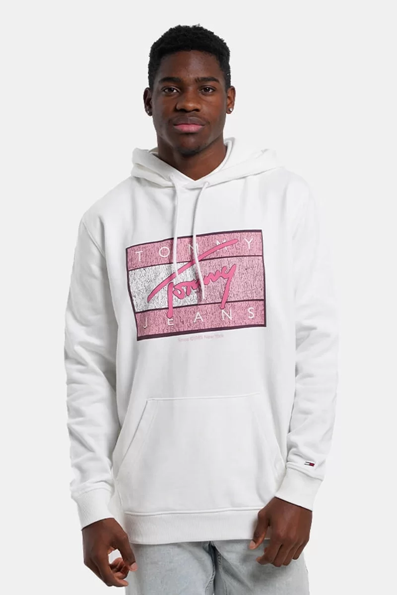 Tommy Jeans TJM REG DNA FLAG TWIST HOOD EXT Erkek beyaz Sweatshirt DM0DM21100YBL