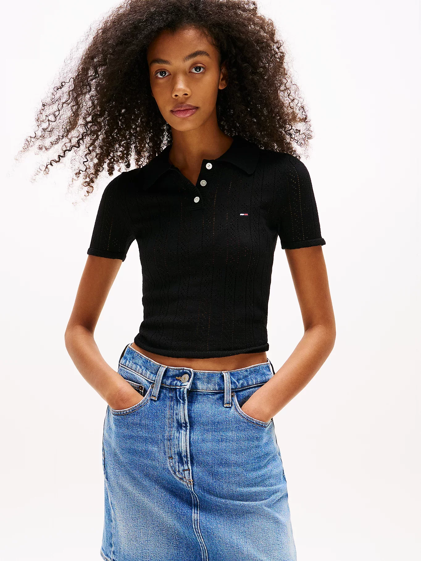 Tommy Jeans TJW POINTELLE POLO Kadın Siyah Kazak DW0DW20965BDS