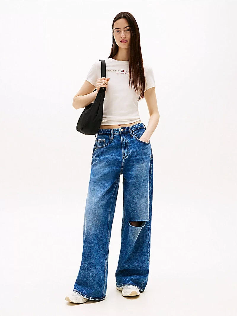 Tommy Jeans TJW SLIM TJ US LINEAR SS TEE Kadın Beyaz T-shirt DW0DW21422YBH