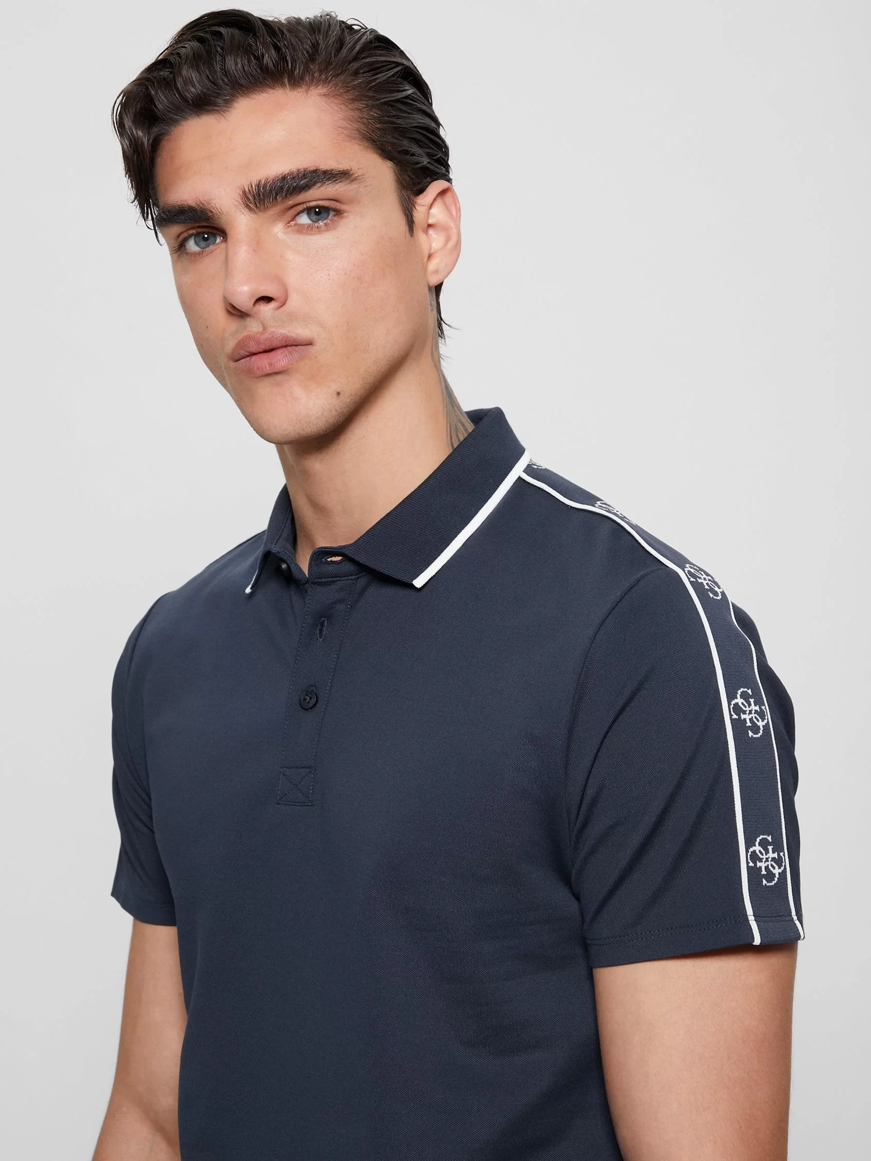 Guess SS GUESS QUATTRO G TAPE POLO Erkek Mavi T-shirt M4YP40KARS0-G7R1