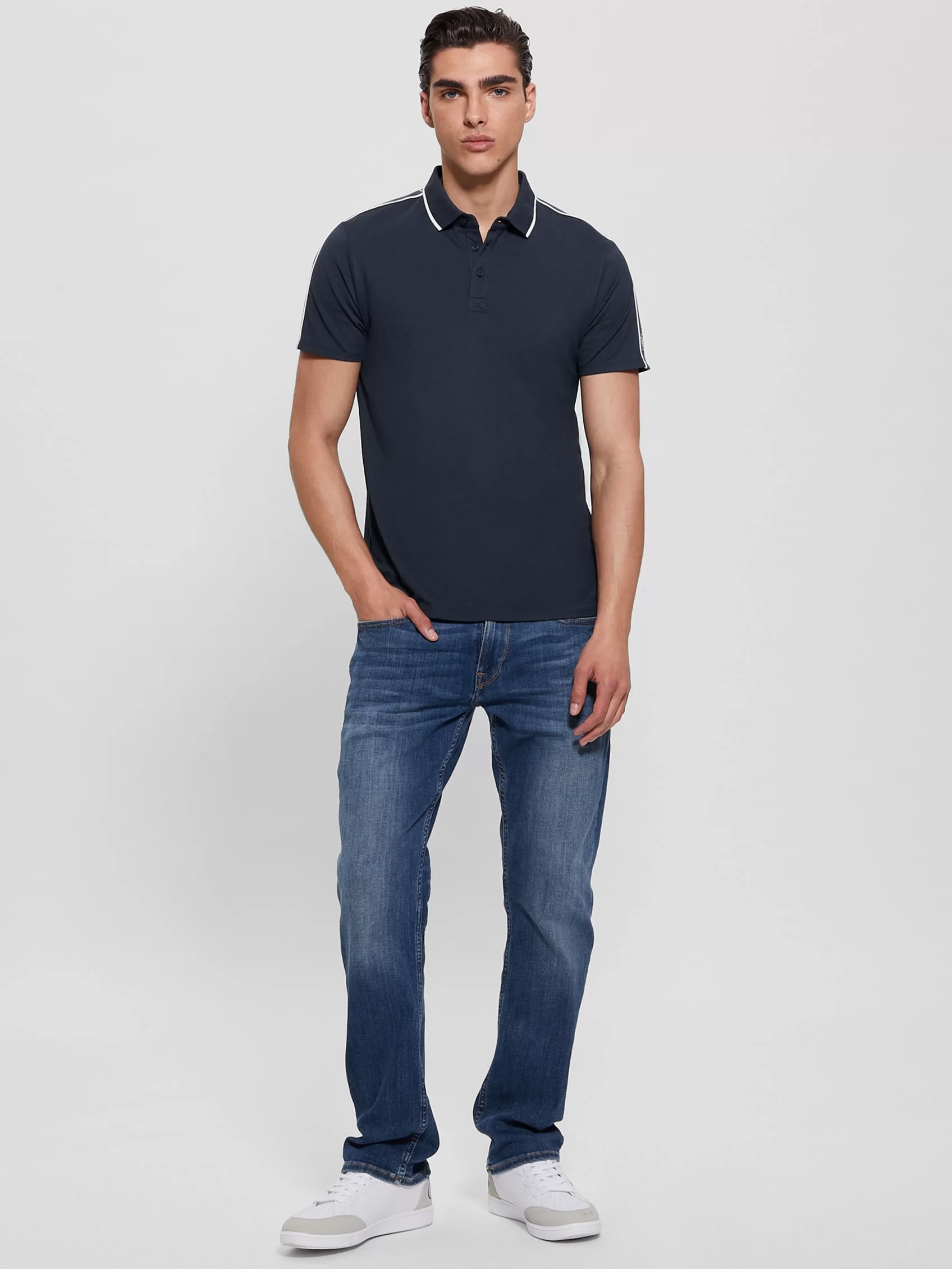 Guess SS GUESS QUATTRO G TAPE POLO Erkek Mavi T-shirt M4YP40KARS0-G7R1