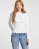 GUESS Kadın Slim Fit Ribbed T-shirt Uzun Kol Beyaz