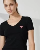 Guess Kadın V Yaka Küçük Üçgen Logolu Streç Siyah T-Shirt