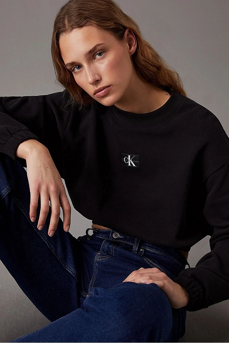 Calvin Klein Kadın Woven Pamuklu Label Siyah Sweatshirt