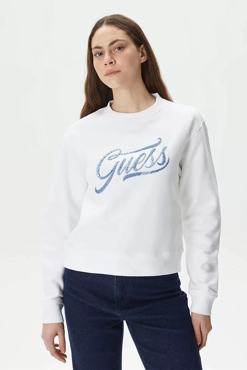 Guess Kadın CN Stones Logo Beyaz Sweatshirt