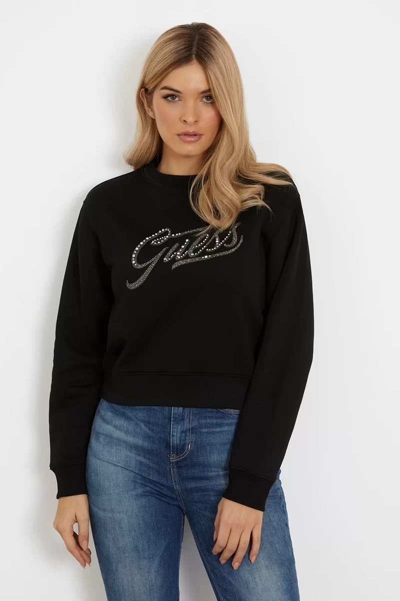 Guess Kadın CN Stones Logo Siyah Sweatshirt