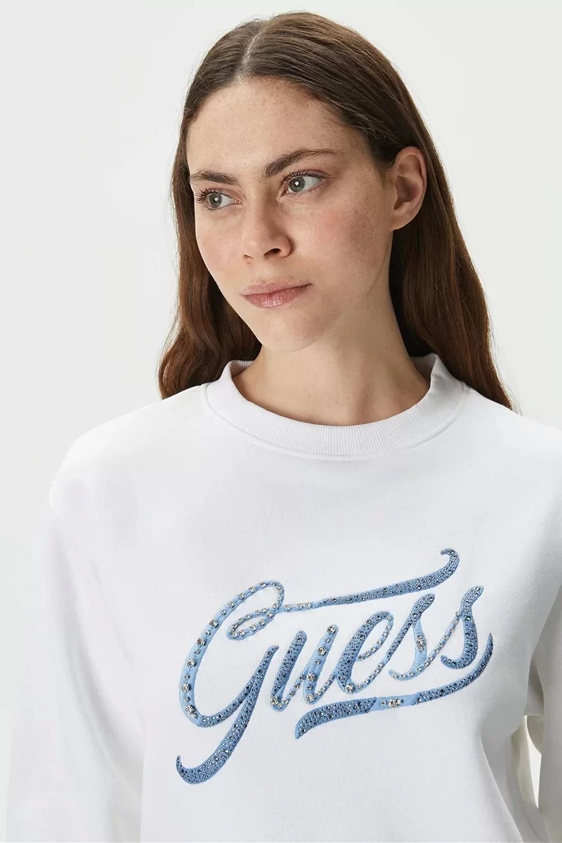 Guess Kadın CN Stones Logo Beyaz Sweatshirt