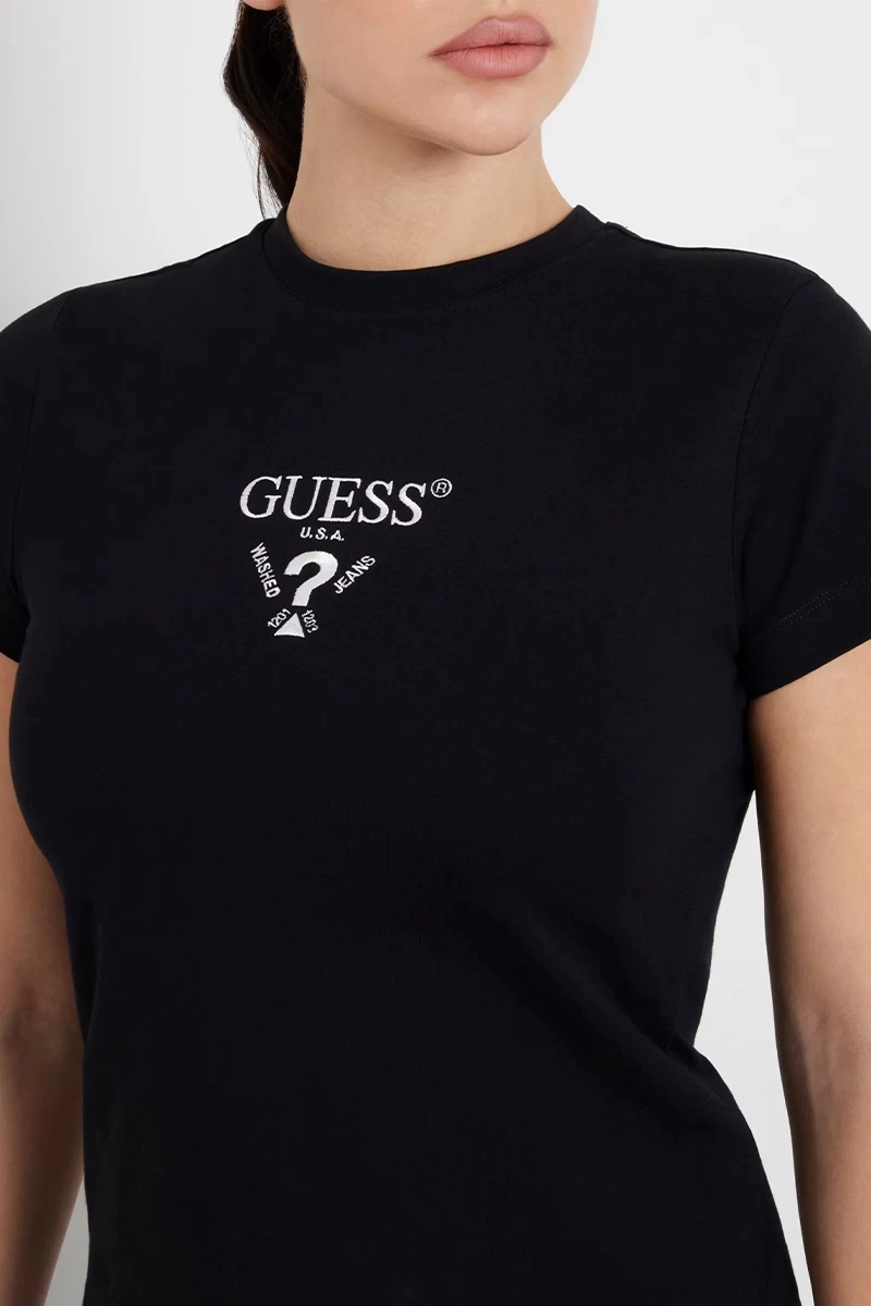 Guess Kadın  Önü Logolu  Siyah Sterch T-Shirt