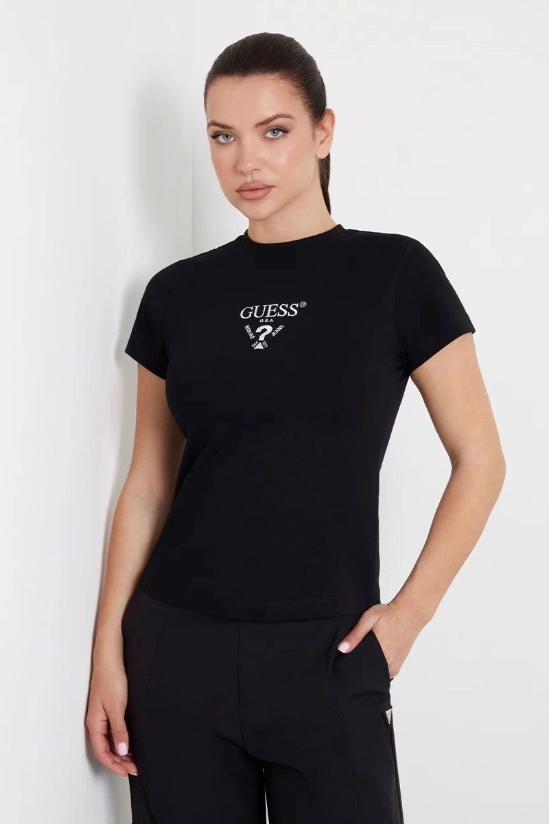 Guess Kadın  Önü Logolu  Siyah Sterch T-Shirt