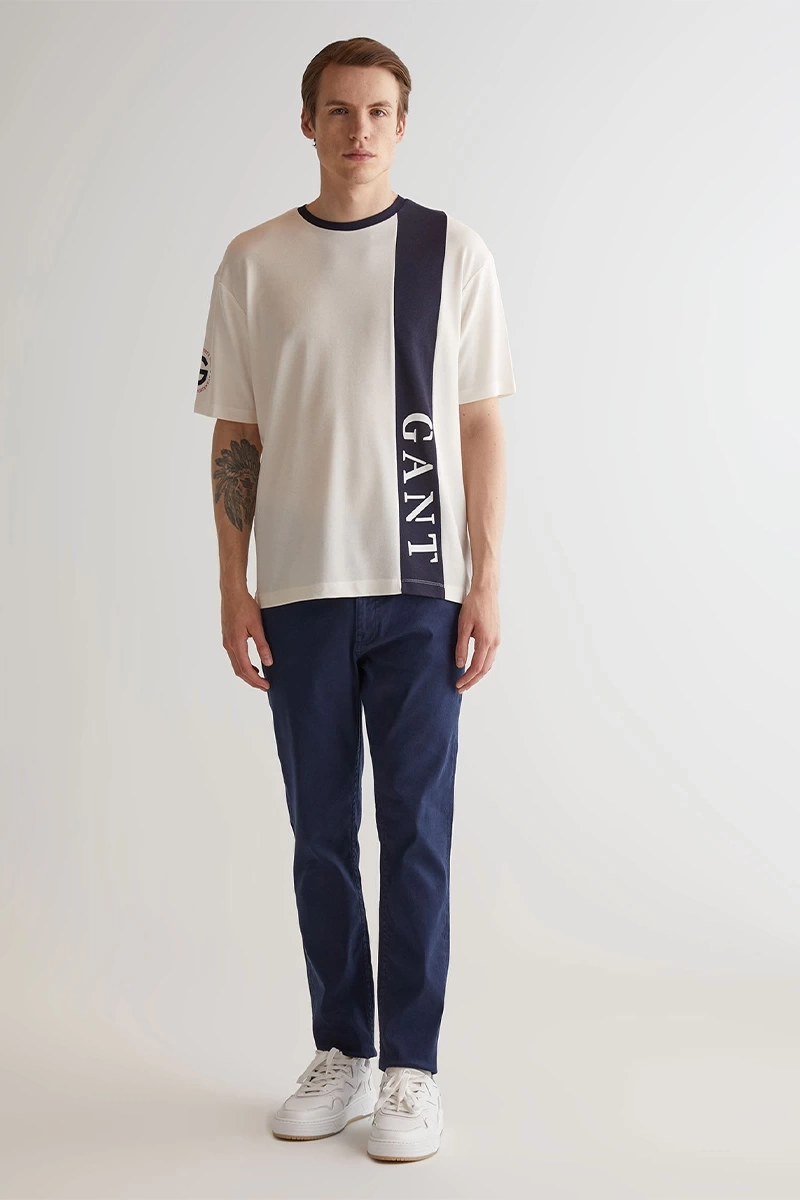 Gant Erkek Krem Oversize Fit Bisiklet Yaka Logolu T-Shirt