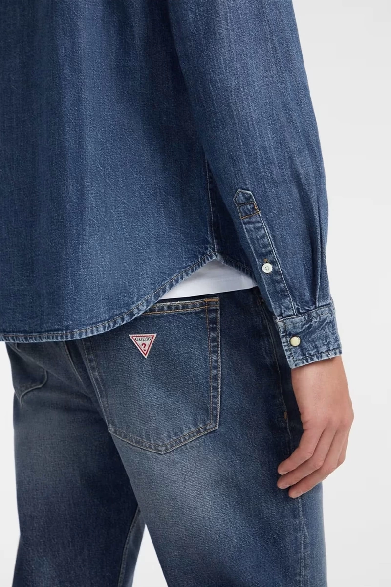 Guess Erkek Mavi  Slim  Uzun  Kol Denim Gömlek