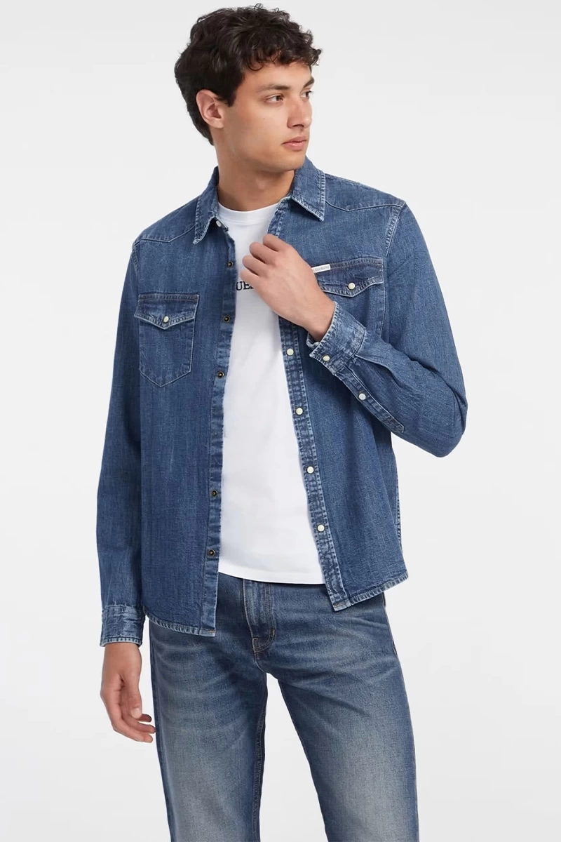 Guess Erkek Mavi  Slim  Uzun  Kol Denim Gömlek