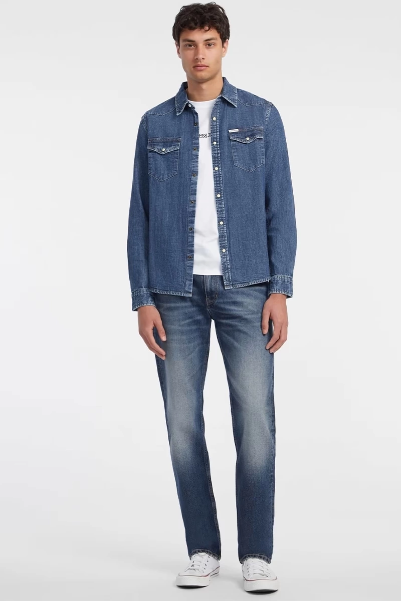 Guess Erkek Mavi  Slim  Uzun  Kol Denim Gömlek