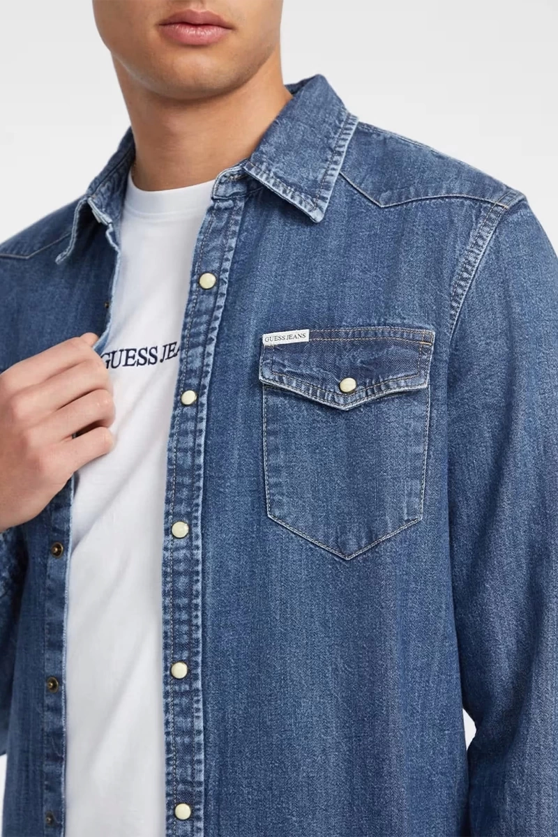 Guess Erkek Mavi  Slim  Uzun  Kol Denim Gömlek