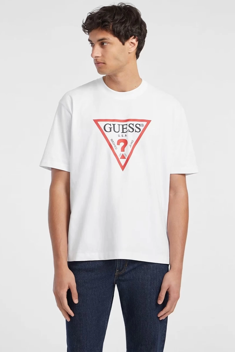 Guess Erkek Beyaz  Logolu  İkonik T-Shirt