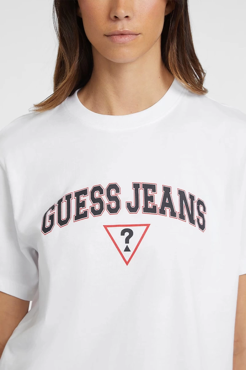 Guess Kadın Boxy Logolu  Beyaz T-Shirt