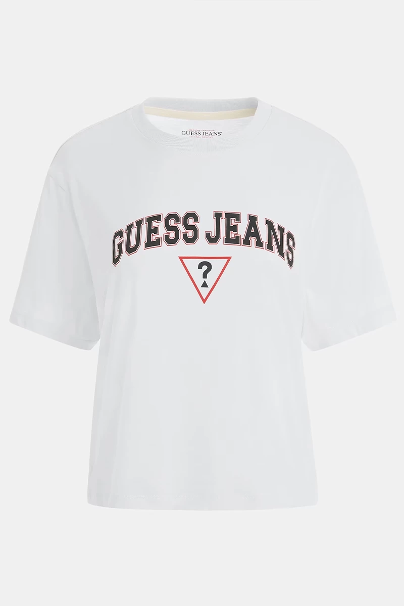 Guess Kadın Boxy Logolu  Beyaz T-Shirt