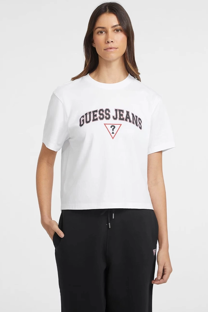 Guess Kadın Boxy Logolu  Beyaz T-Shirt