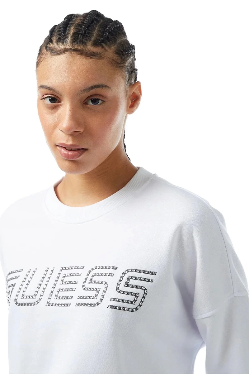 Guess Kadın Önde Taşlı Logolu Sweatshirt Beyaz