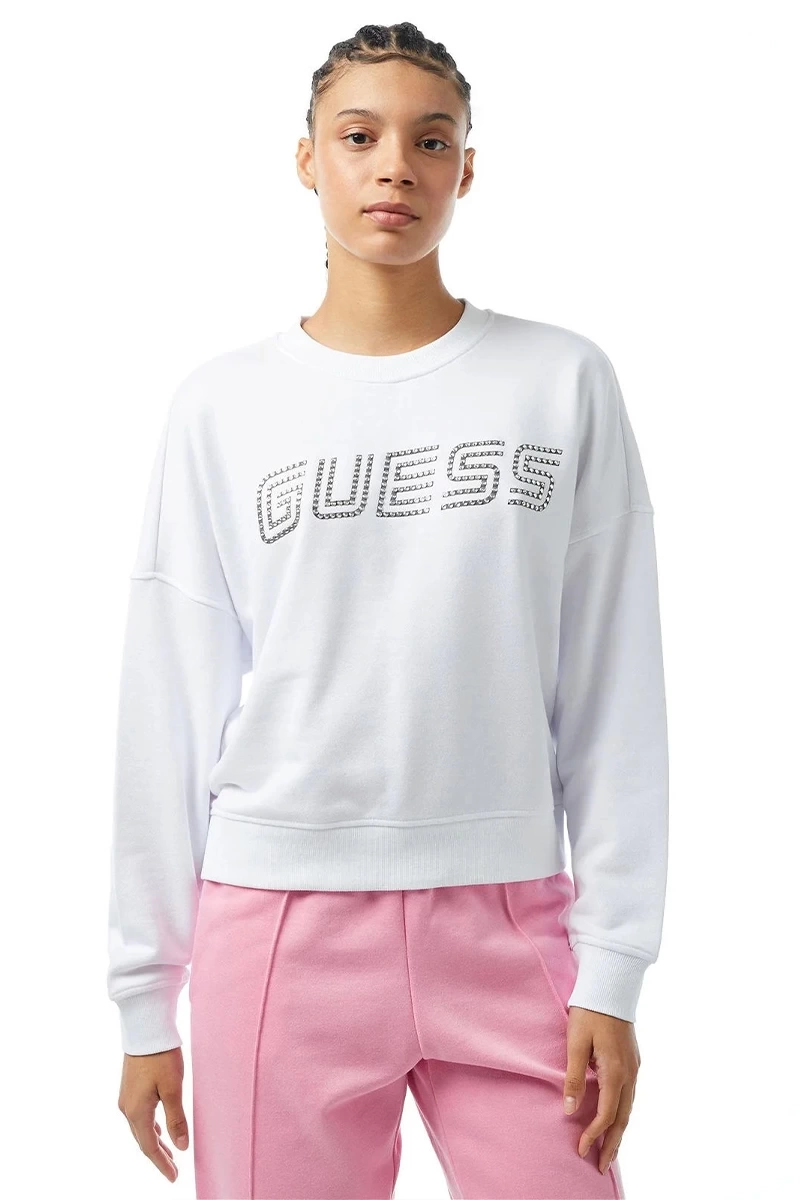 Guess Kadın Önde Taşlı Logolu Sweatshirt Beyaz