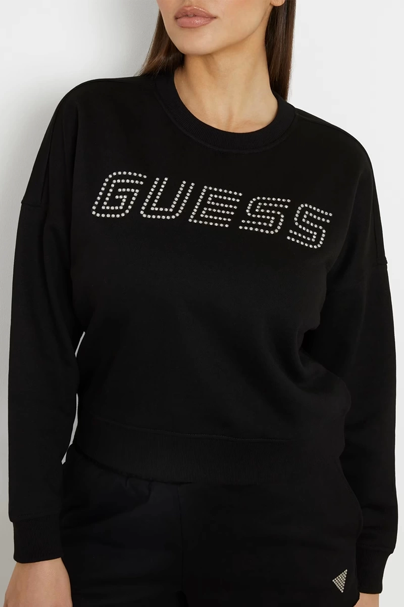 Guess Kadın Önde Taşlı Logolu Sweatshirt Siyah